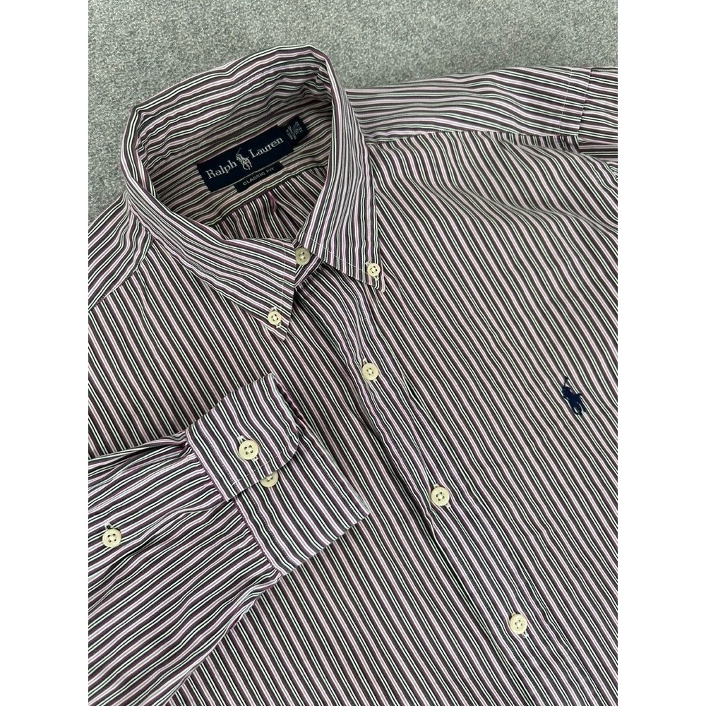 Ralph Lauren Button Down Shirt Mens 16.5 32/33 Purple Green Classic Fit Striped
